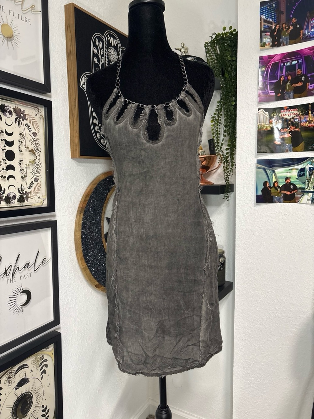 Anama Charcoal Gray Distressed Halter Dress Chain Neckline Fairy Grunge Small